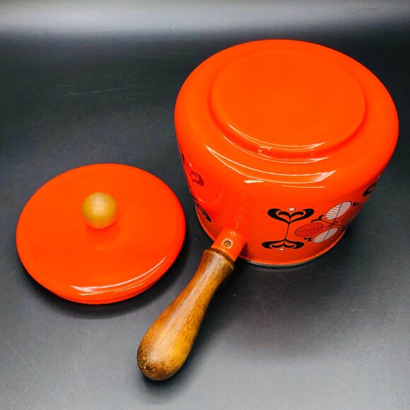 70s Orange Enamelware Fondue Pot ONLY, Vintage Nordic Dutch Wild Florals - Picture 6 of 10